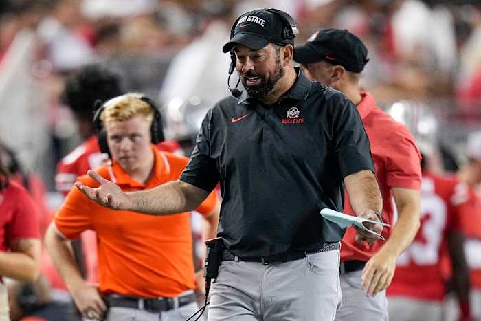 Ohio State head coach Ryan Day looks frustrated as he paces the sideline earlier this season.